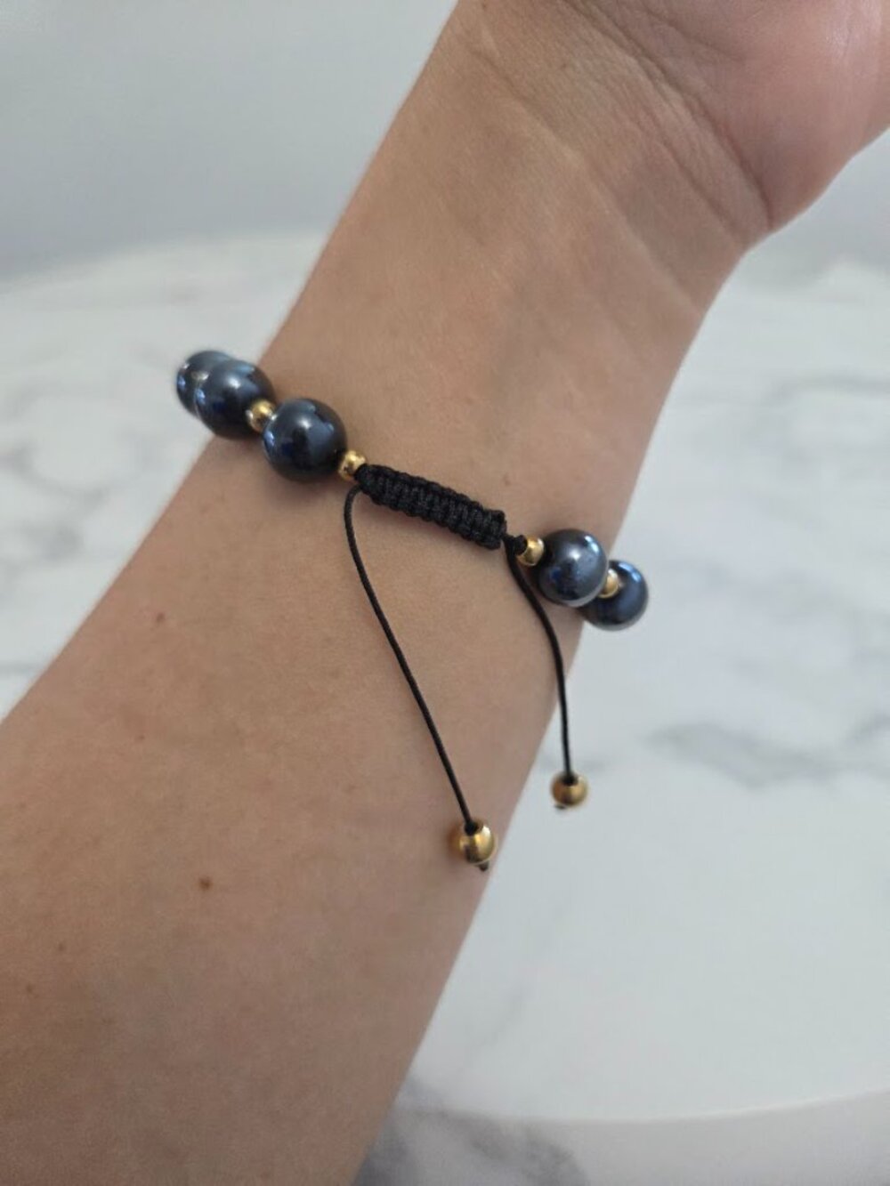 Unisex Dark Metallic Gray Bead Adjustable Macrame Bracelet Gold Accents - Picture 6 of 11